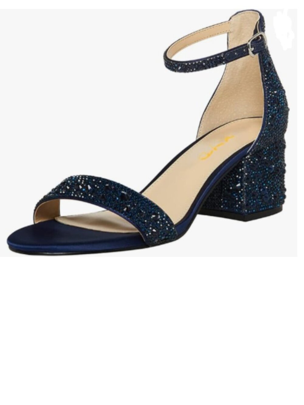 XYD Navy Open Toe Studded Rhinestone Low Block Heel Bejeweled Ankle Strap Sandal